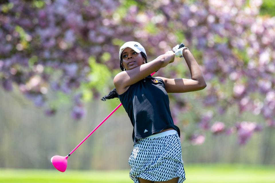 Barnegat's Yasmeen Muhammad competes during the Girls Varsity Shore Conference Tournament at Jumping Brook Country Club in Neptune, NJ Monday, April 29, 2024.