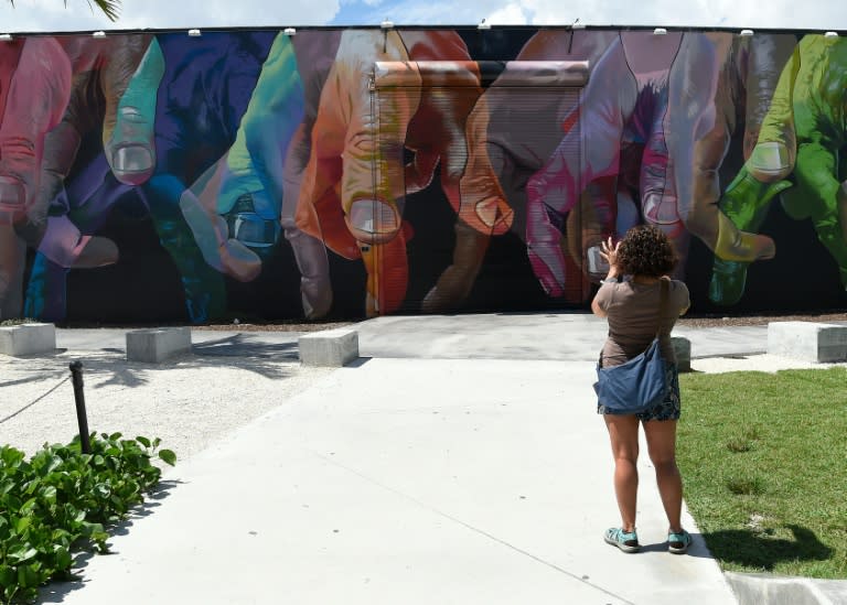 A woman takes a photo of a mural by German artist Case in Wynwood, Miami, Florida, on September 28, 2016