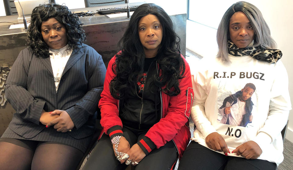 (left to right) Tracy Bogle, Sandi Bogle, the aunts of Bjorn Brown, and his mother Maxine Brown, at New Scotland Yard, London, where they made an emotional appeal for information to help bring Bjorn's killers to justice a year after his death.