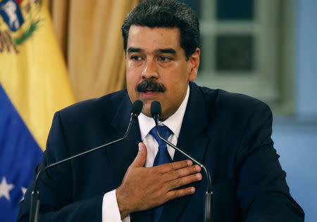 Venezuela's President Nicolas Maduro gestures during a news conference at Miraflores Palace in Caracas, Venezuela, February 8, 2019. REUTERS/Andres Martinez Casares