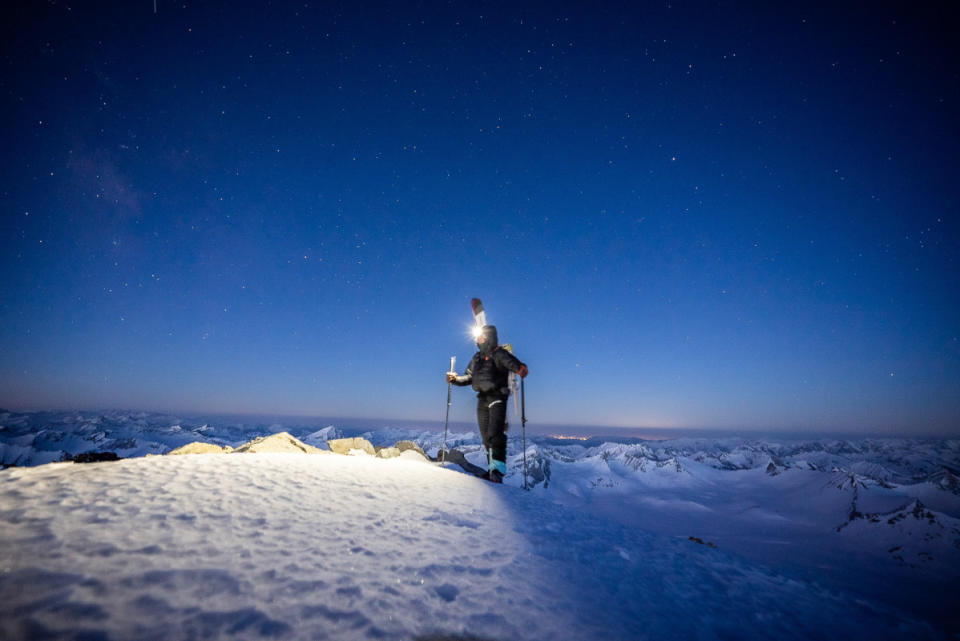 Our plan to be on the summit of Split Mountain before sunrise was primarily centered around safety. What I didn’t know was how magical it would be to be on that summit before sunrise. You could see cities off in the distance and what felt like the heavens and sky above just at your finger tips. Sure skiing the line was amazing, but I’ll never forget that sunrise.<p>Photo: Bjarne Salen</p>