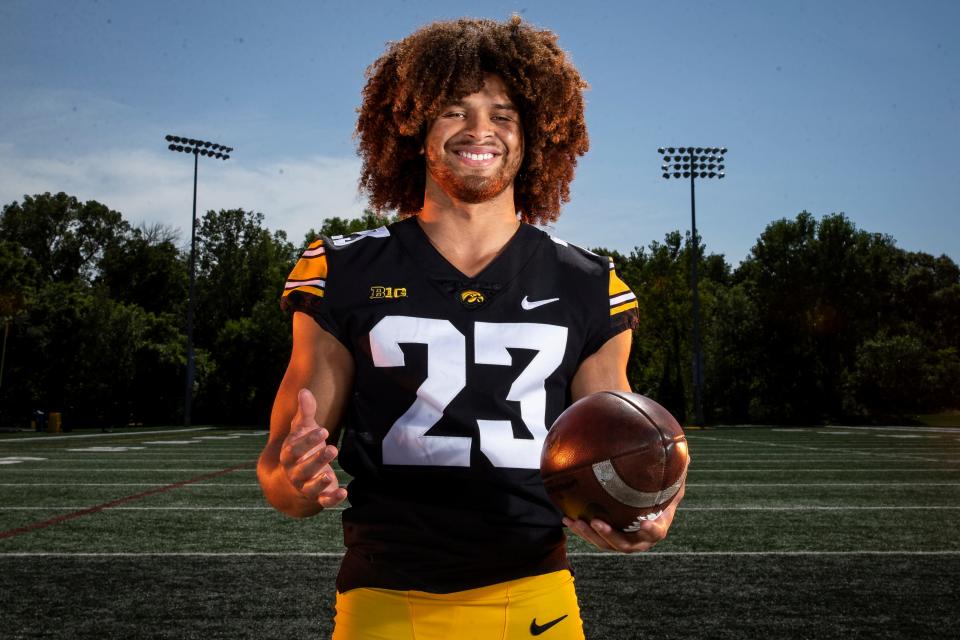 Iowa defensive back Xavior Williams (23) poses for a photo during the Iowa Hawkeye football media day on Friday, Aug. 13, 2021 in Iowa City, IA.