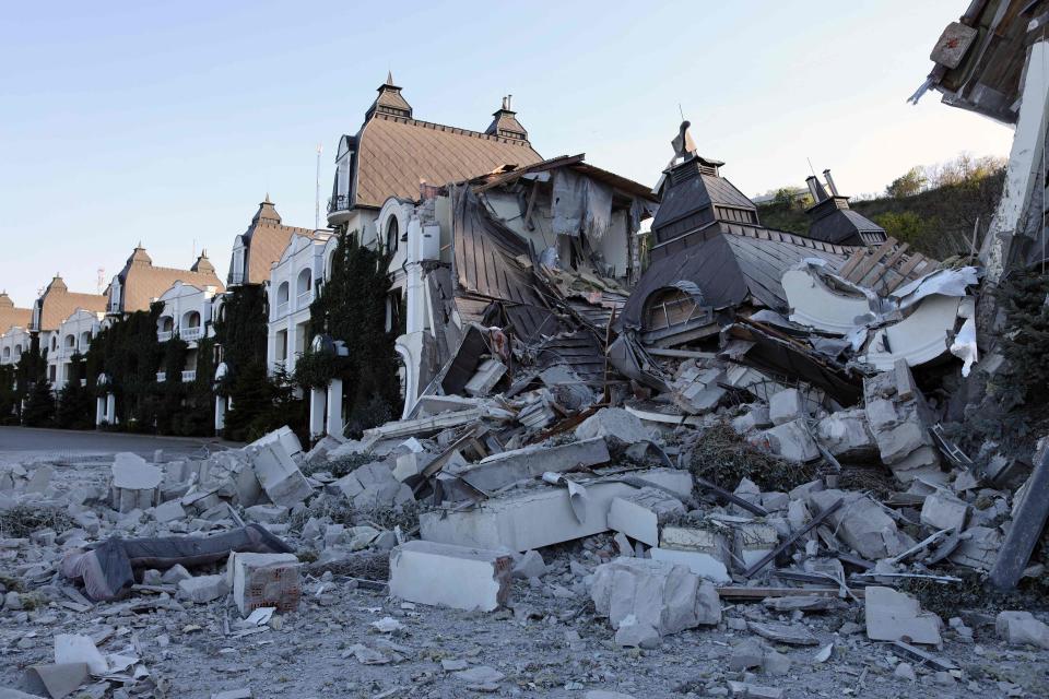 Russian shelling destroyed this beach hotel in the Ukrainian city of Odessa. (Photo by Oleksandr GIMANOV / AFP) (Photo by OLEKSANDR GIMANOV/AFP via Getty Images) ORG XMIT: 0 ORIG FILE ID: AFP_329P7YJ.jpg