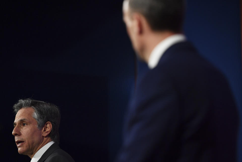 Britain's Foreign Secretary Dominic Raab, right, and US Secretary of State Antony Blinken attend a joint press conference at Downing Street in London, Monday, May 3, 2021, during the G7 foreign ministers meeting. (Ben Stansall/Pool Photo via AP)