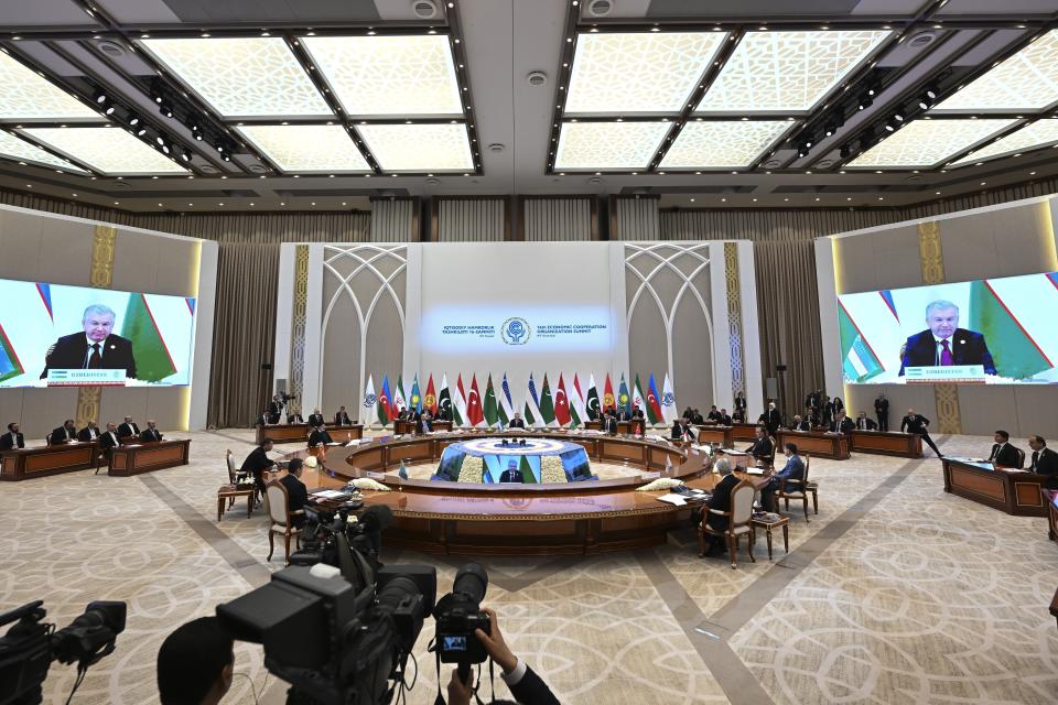 In this photo released by Uzbekistan's President Press Office, a view of the Summit of the Economic Cooperation Organisation (ECO) in Tashkent, Uzbekistan, on Thursday, Nov. 9, 2023. (Uzbekistan's President Press Office via AP)