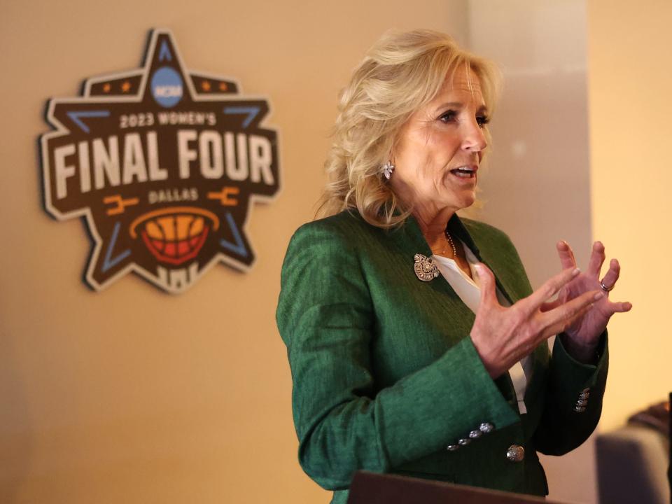 First Lady Jill Biden attends the 2023 women's national championship game in Dallas.