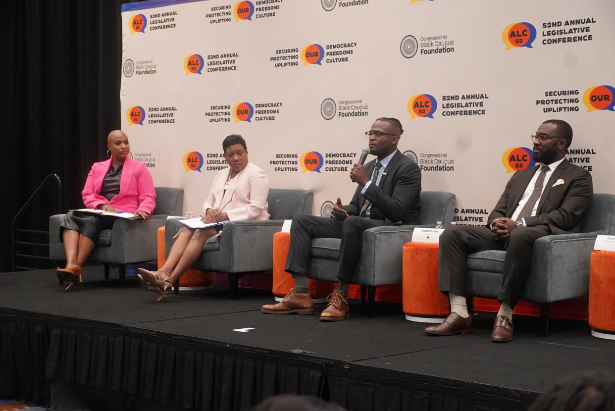 September 22, 2023: Rep. Ayanna Pressley (D-MA), Becky Pringle of the National Education Association, Wisdom Cole of the NAACP, and Jaylon Hebrin of the Center for Responsible lending at the Congressional Black Caucus Foundation's 52nd Annual Legislative Conference.                              