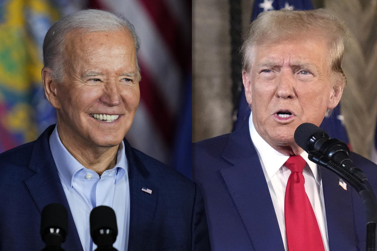 Two separate photos show President Biden and former President Donald Trump standing in front of microphones.