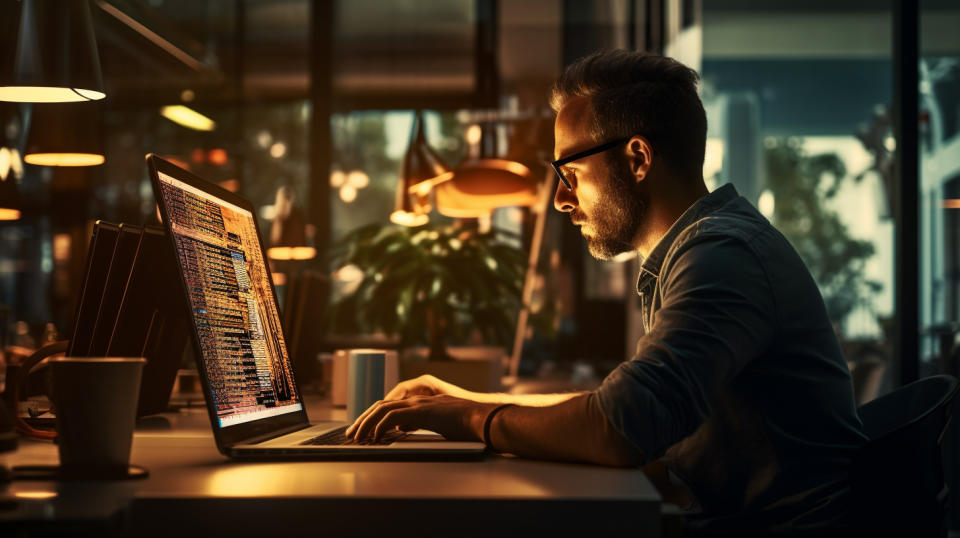 A software engineer in a coding session, demonstrating the company's commitment to software excellence.