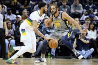 Feb 9, 2019; Memphis, TN, USA; Memphis Grizzlies center Joakim Noah (55) defends against New Orleans Pelicans forward Anthony Davis (23) at FedExForum. Memphis won 99-90. Mandatory Credit: Nelson Chenault-USA TODAY Sports