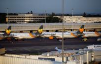 Grounded airplanes with the Thomas Cook livery are seen at Manchester Airport