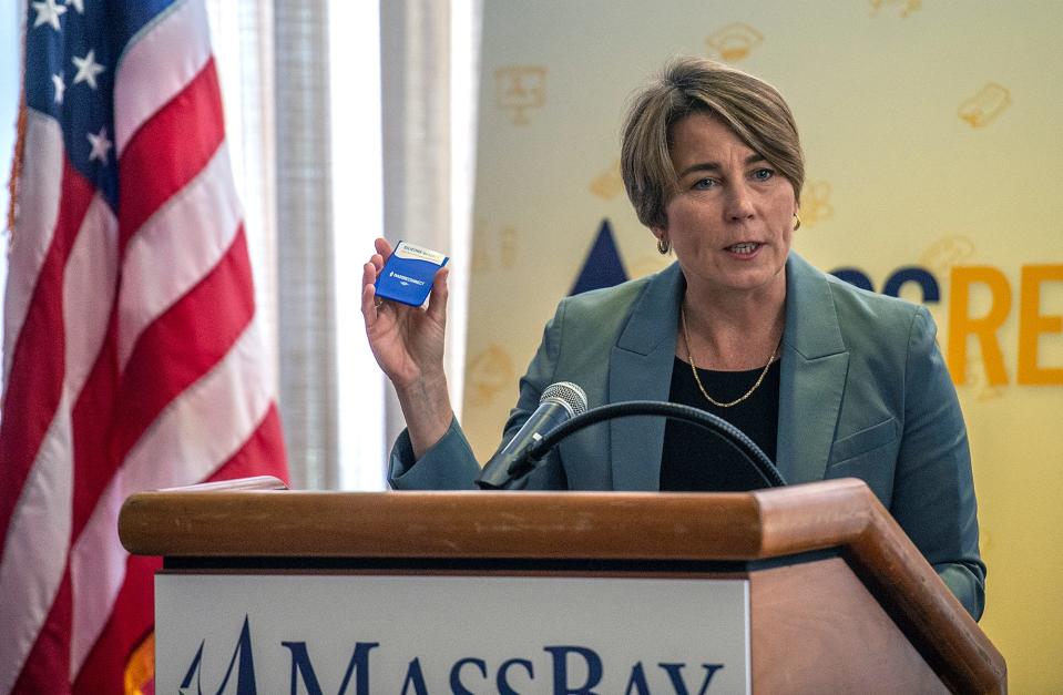 Gov. Maura Healey at the Mass Bay Community College Wellesley campus press conference for MassReconnect, the state program to provide free community college for Massachusetts residents aged 25 and older, Aug. 24, 2023.