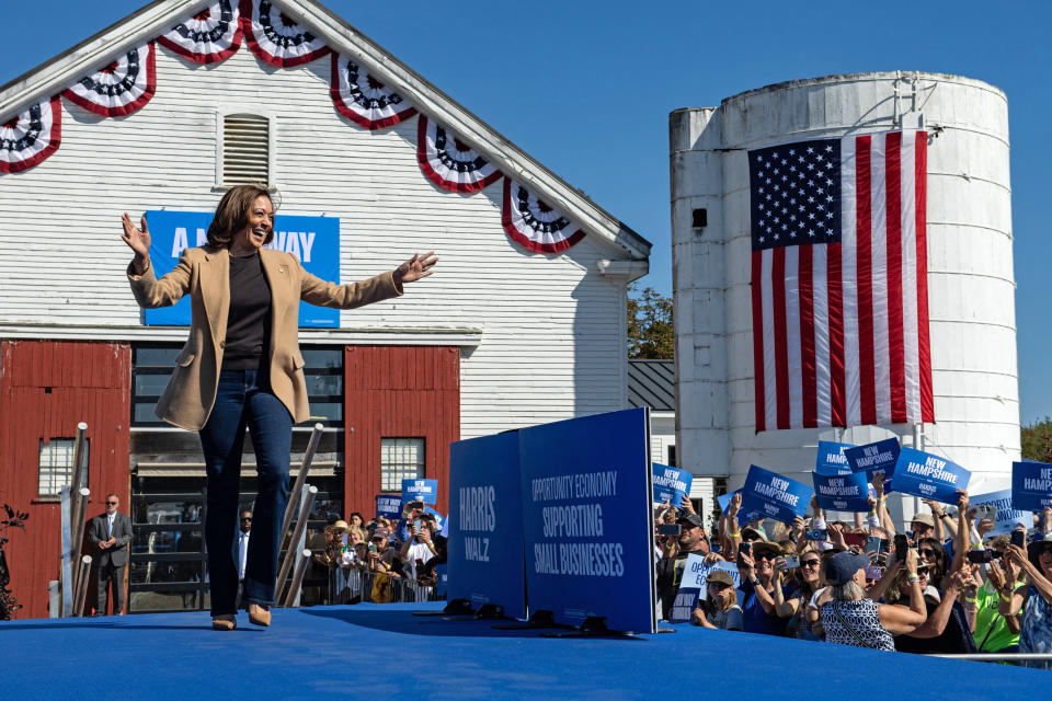 TOPSHOT - US Vice President and Democratic presidential candidate Kamala Harris gestures as she arrives to speak at a campaign event at the Throwback Brewery, in North Hampton, New Hampshire, on September 4, 2024. (Photo by Joseph Prezioso / AFP) (Photo by JOSEPH PREZIOSO/AFP via Getty Images)