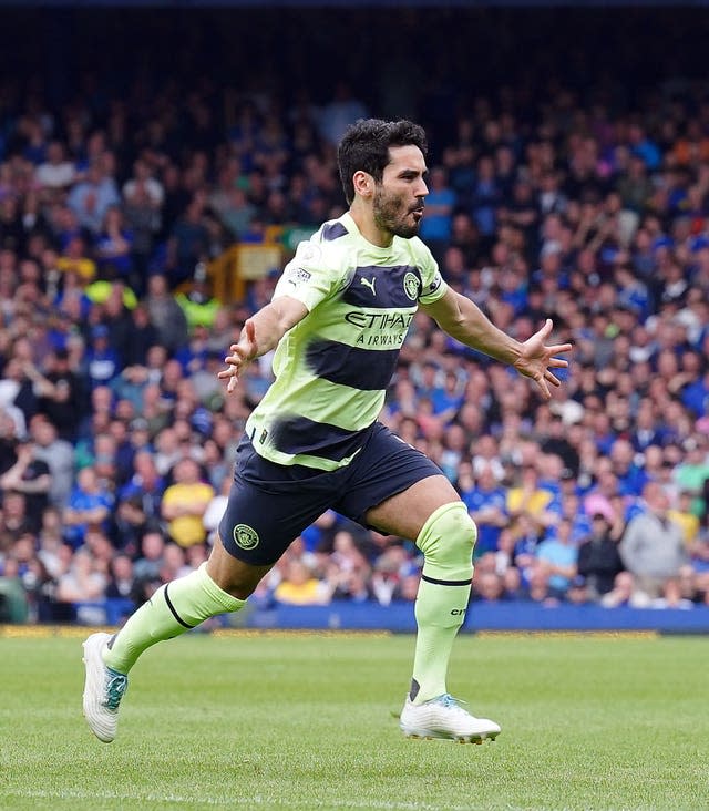 Manchester City’s Ilkay Gundogan celebrates scoring his second goal in the 3-0 Premier League win at Everton