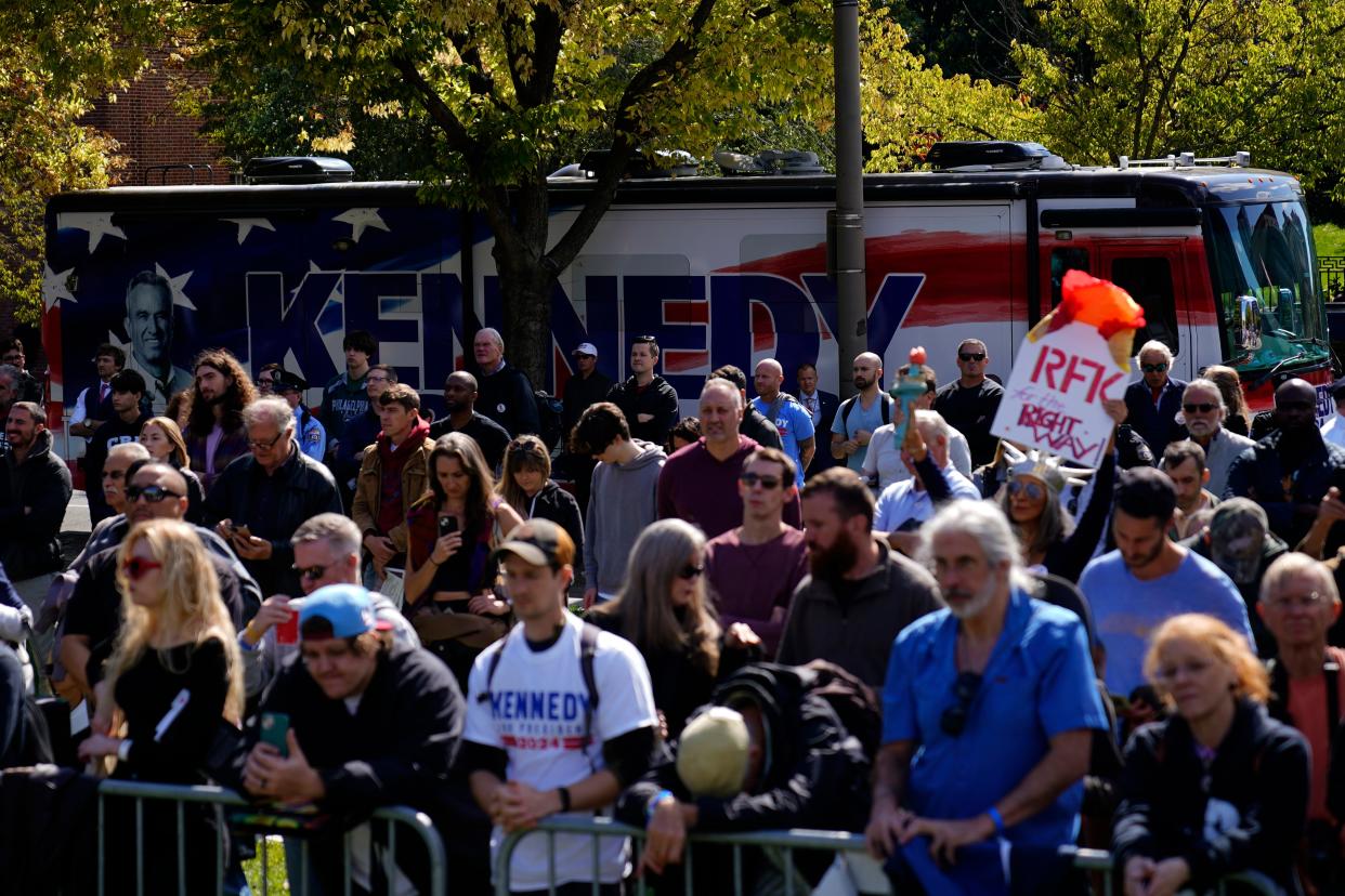Supporters watch as independent presidential candidate Robert F. Kennedy Jr. speaks during a campaign event at Independence Mall, Monday, Oct. 9, 2023, in Philadelphia. Those who are neither Democrats or Republicans have represented the fastest-growing group of registered voters in Pennsylvania since the primary earlier this year.