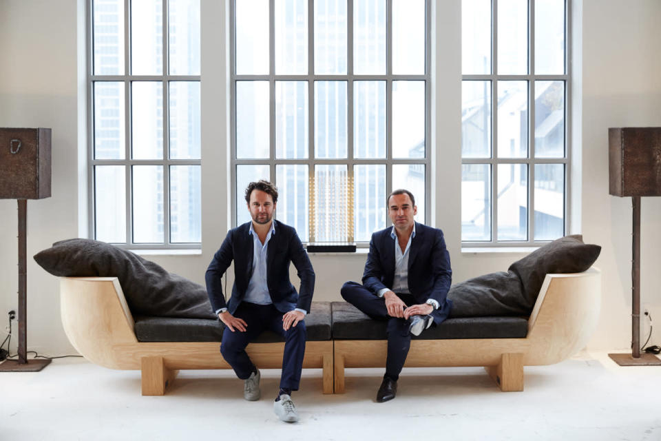 Founders Julien Lombrail and Loic Le Gaillard. Floor lamps: Jewel by Atelier van Lieshout (2011). Bench: Double Bubble by Rick Owens (2013). Lamp on windowsill: Swarm Study / VI by Random International (2014). 