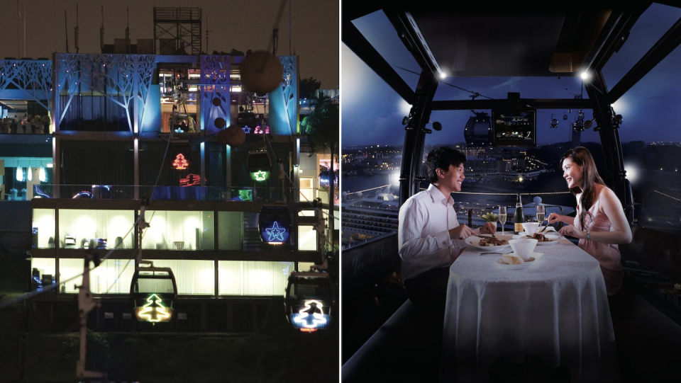 Back facade of 3rd generation Singapore Cable Car (left) and sky dining experience