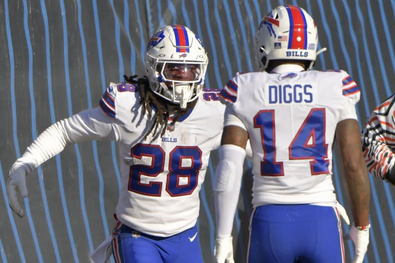 Running back James Cook (28), wide receiver Stefon Diggs and the Buffalo Bills will battle the New York Jets at 8:15 p.m. EDT Monday on ESPN, ABC and ESPN2. File Photo by Mark Black/UPI