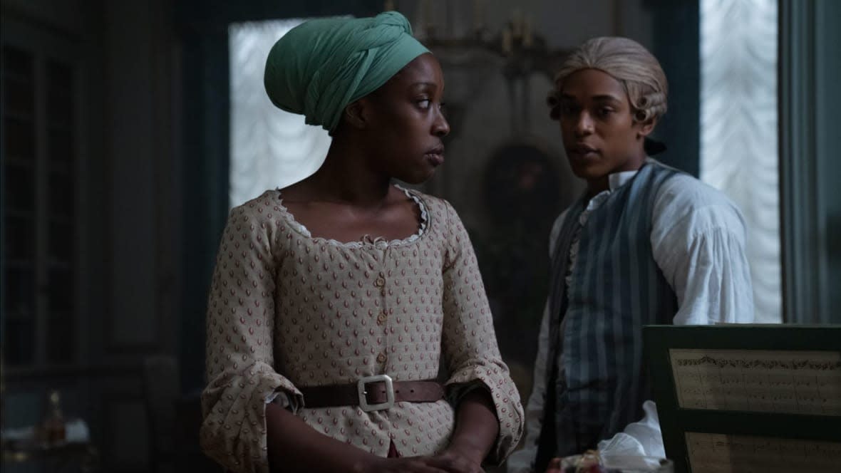 Ronke Adekoluejo as Nanon and Kelvin Harrison Jr. as Joseph Bologne in “Chevalier.” (Larry Horricks/20th Century Studios)