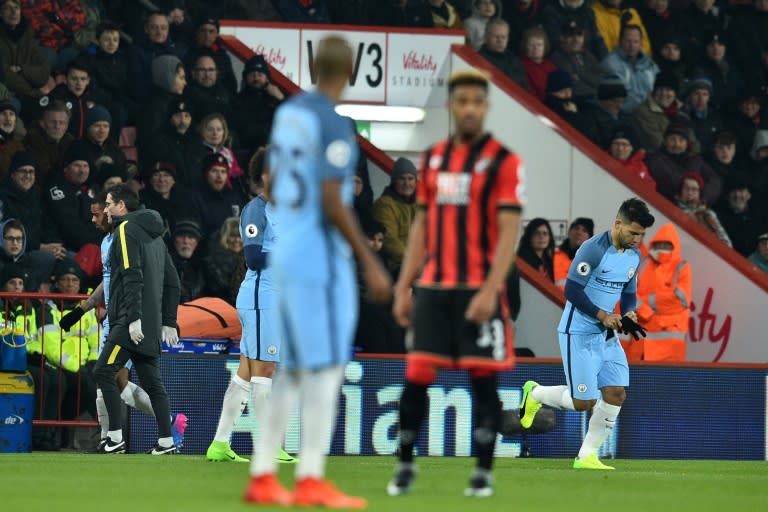 Sergio Aguero (right) comes on as substitute after Gabriel Jesus (left) who picks up an injury against Bournemouth at the Vitality Stadium in Bournemouth on February 13, 2017