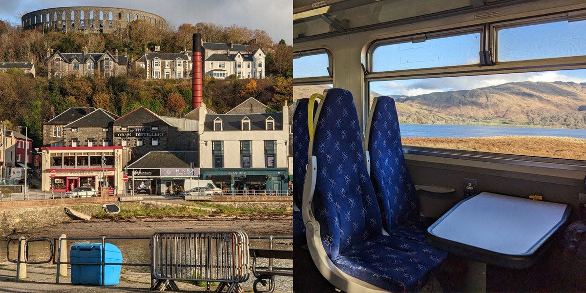 oban and inside of scotrail train with view of mountains in the back