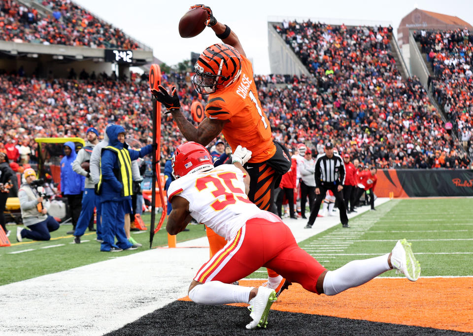 Ja'Marr Chase hauls in one of this three touchdown passes against the Chiefs.. (Photo by Andy Lyons/Getty Images)