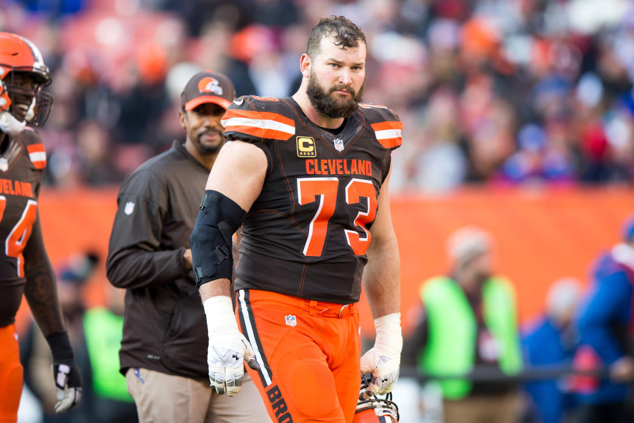 CLEVELAND, OH - NOVEMBER 27: Cleveland Browns Offensive Tackle Joe Thomas (73) on the field during the third quarter of the National Football League game between the New York Giants and Cleveland Browns on November 27, 2016, at FirstEnergy Stadium in Cleveland, OH. New York defeated Cleveland 27-13. (Photo by Frank Jansky/Icon Sportswire via Getty Images)