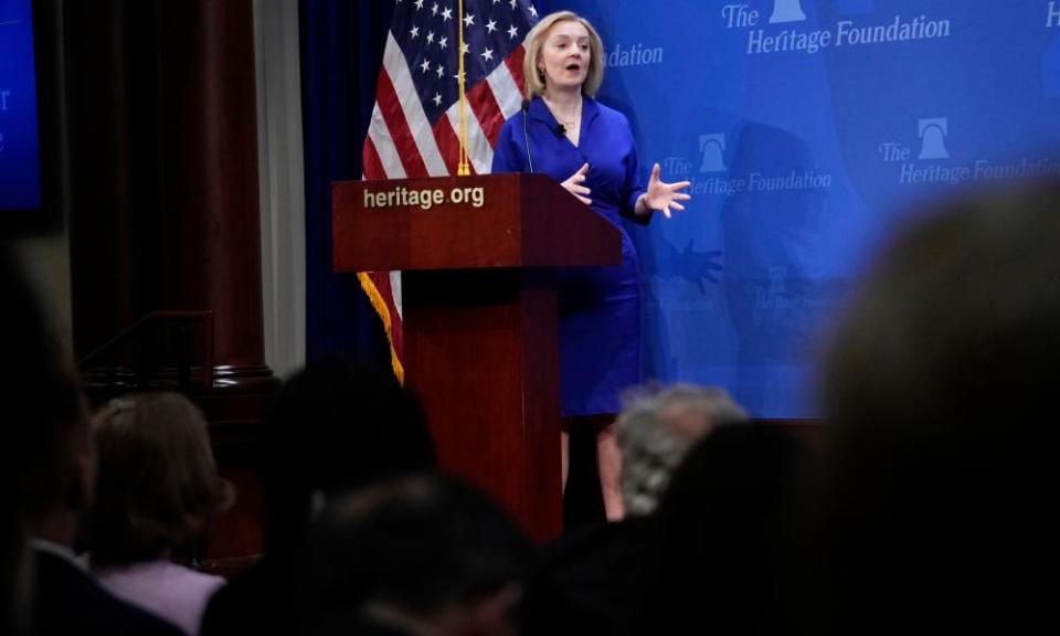 Liz Truss delivers the 2023 Margaret Thatcher Freedom Lecture at the Heritage Foundation in Washington.