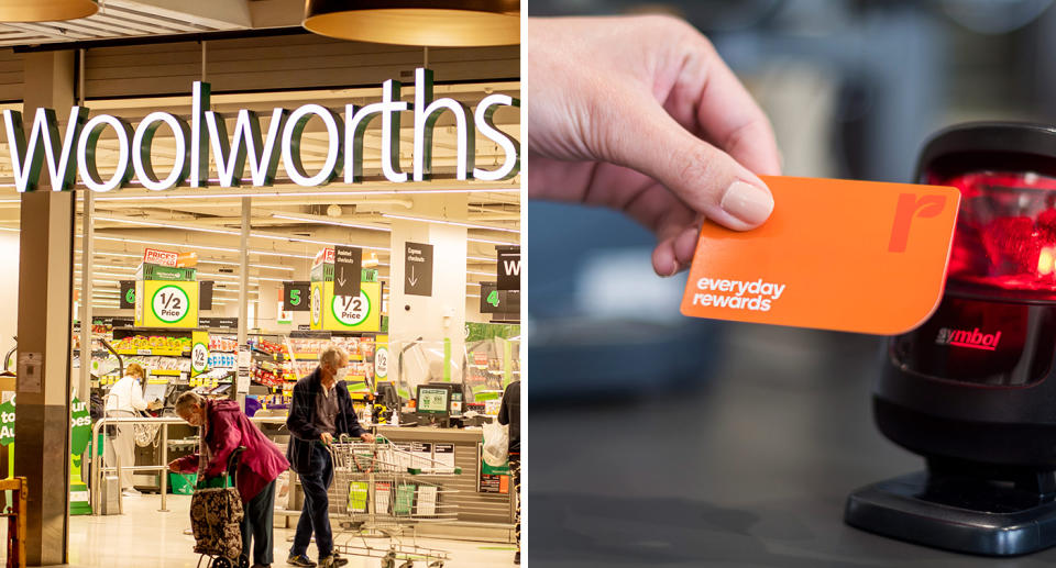 Woolworths storefront; Everyday Rewards card being scanned