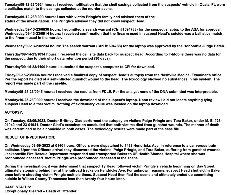 This section of a supplemental report from the Jacksonville Sheriff's Office includes the final conclusion and results of the investigation into the shooting deaths of two women stopped at a San Marco railroad crossing on Aug. 9.