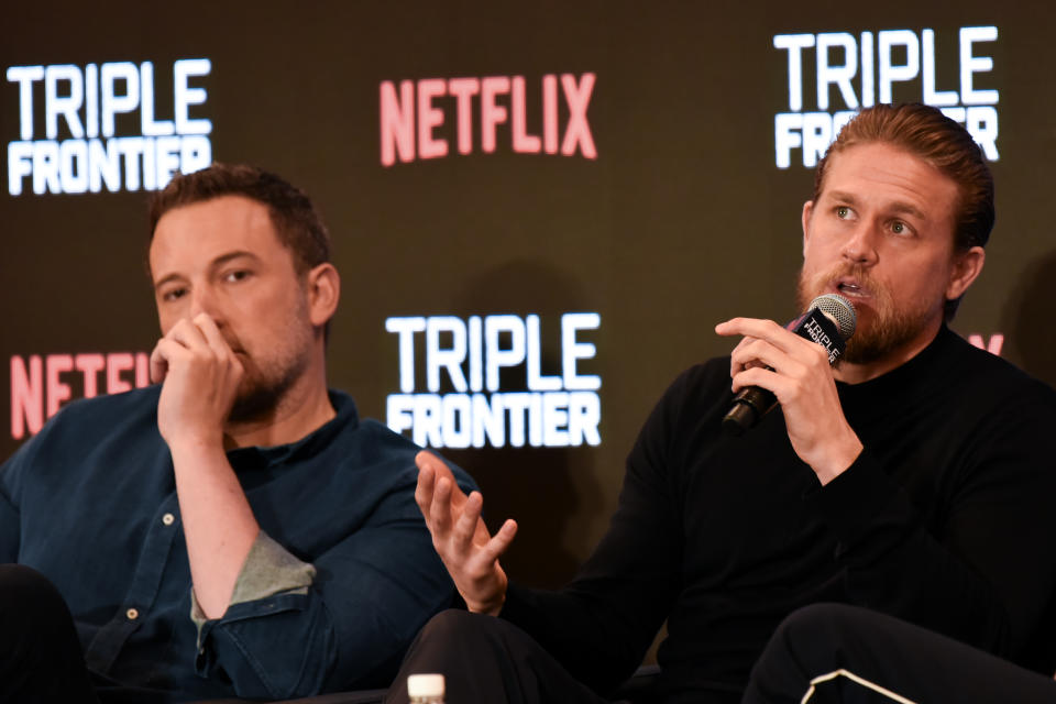 Stars of “Triple Frontier” Ben Affleck and Charlie Hunnam at a press conference with Asian media on 9 March 2019 at Marina Bay Sands. (Photo: Iman Hashim for Yahoo Lifestyle Singapore)