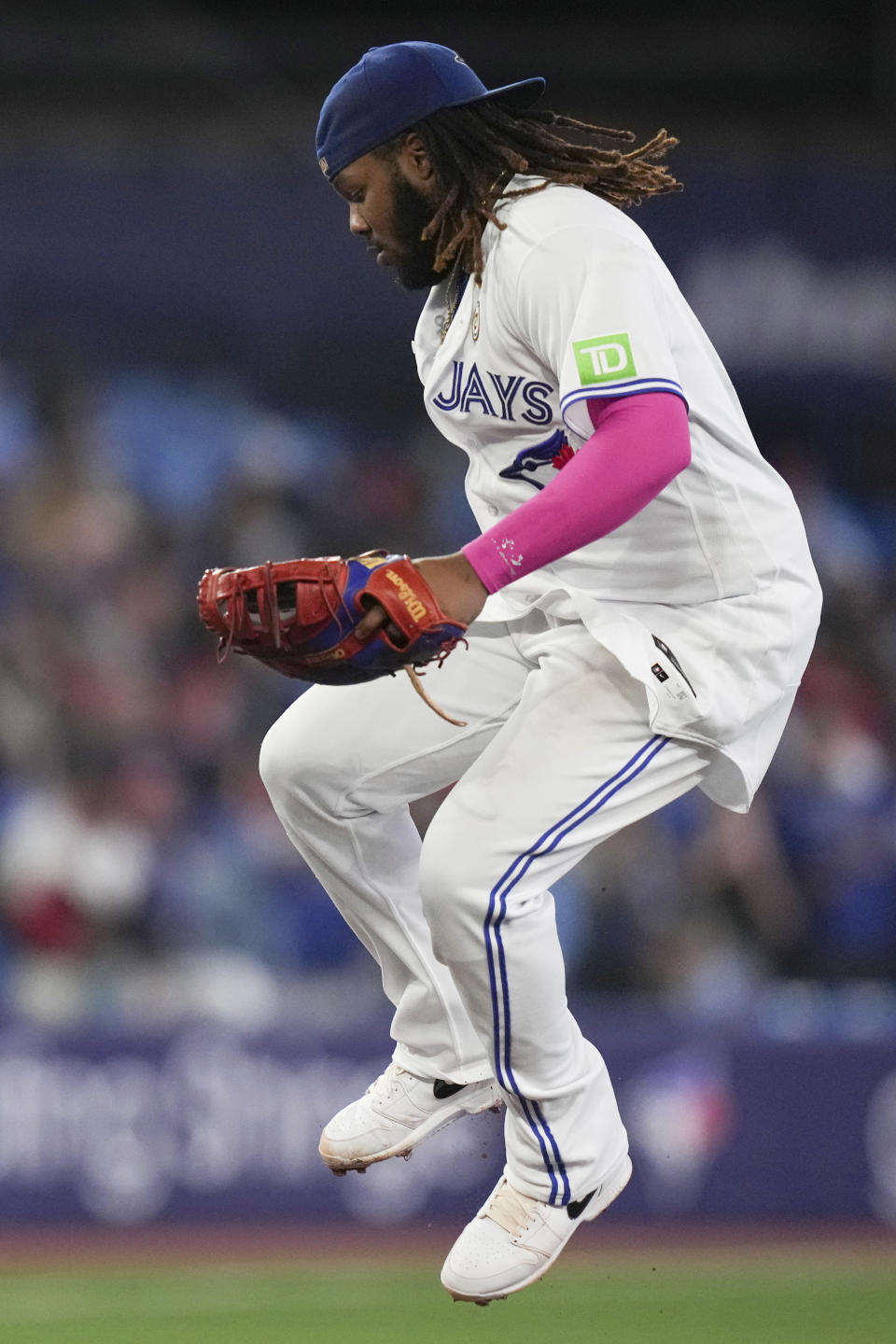 Toronto Blue Jays' Vladimir Guerrero Jr. celebrates after defeating the Boston Red Sox in a baseball game in Toronto, Friday, Sept. 15, 2023. (Chris Young/The Canadian Press via AP)