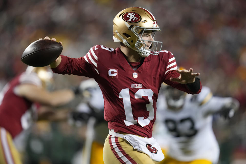 FILE - San Francisco 49ers quarterback Brock Purdy (13) throws during an NFL football game against the Green Bay Packers, Sunday, Jan. 21, 2024, in Inglewood, Calif. Purdy will start for the 49ers against the Detroit Lions in the NFC championship game Sunday, Jan. 28, 2024. (AP Photo/Ashley Landis, File)