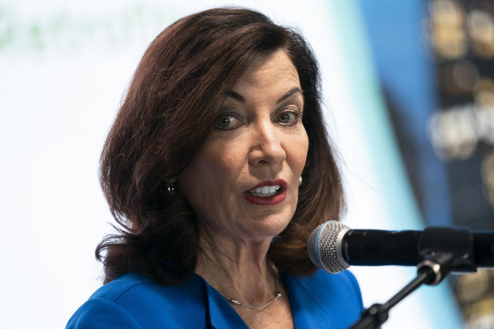 New York Gov. Kathy Hochul speaks during an event to mark Earth Day with announcements on the environmental improvements on the infrastructure of the Empire State Building, Thursday, April 21, 2022, in New York. Earth Day falls on April 22 this year. (AP Photo/John Minchillo)