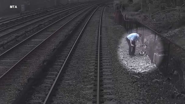 PHOTO: A Metro-North Railroad employee rescues a three-year-old boy who wandered onto train tracks in Tarrytown, New York, on April 6, 2023. (Metropolitan Transit Authority)