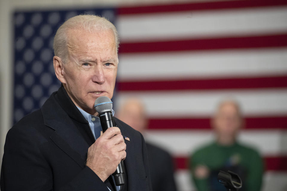 Democratic presidential candidate former Vice President Joe Biden greets supporters as he arrives for a campaign event, Saturday, Jan. 25, 2020, at the Mary A. Fisk Elementary School in Salem, N.H. (AP Photo/Mary Altaffer)