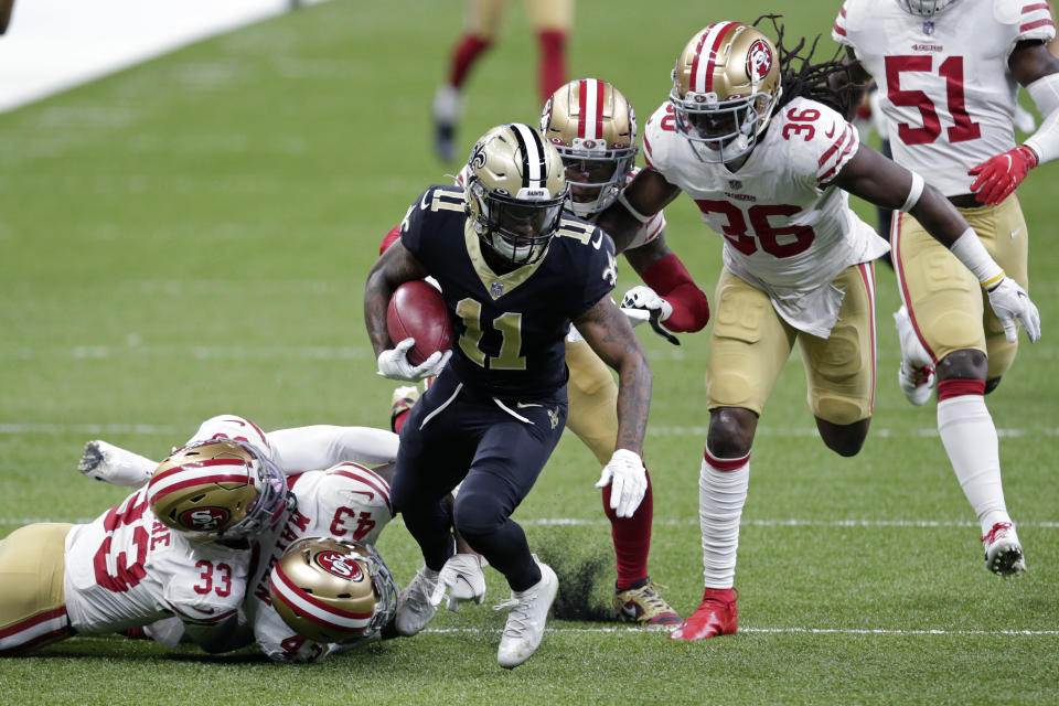 New Orleans Saints Deonte Harris (11) carries on a 75 yard kickoff return in the first half of an NFL football game in New Orleans, Sunday, Nov. 15, 2020.in the first half of an NFL football game in New Orleans, Sunday, Nov. 15, 2020. (AP Photo/Butch Dill)