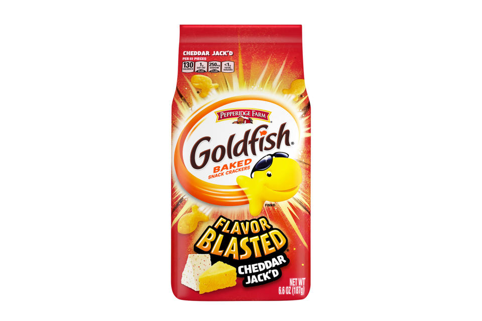 <p>The crunchy crackers get kicked up a notch with the addition of Monterey Jack cheese and a subtle pop of jalapeño. <i>$2.50, <a href="https://www.walmart.com/ip/Goldfish-Flavor-Blasted-Cheddar-Jack-d-Crackers-Snack-Crackers-6-6-oz-bag/195070495" rel="nofollow noopener" target="_blank" data-ylk="slk:walmart.com;elm:context_link;itc:0;sec:content-canvas" class="link ">walmart.com</a></i></p>