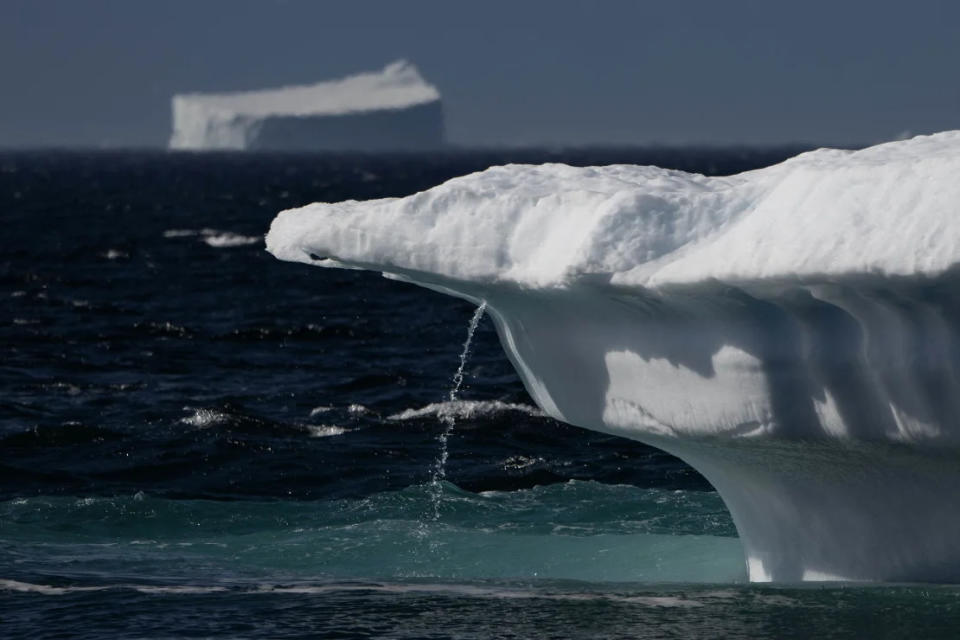 Agua que fluye del hielo derretido en el fiordo de Scoresby, Groenlandia, el 12 de agosto de 2023. Olivier Morin/AFP/Getty Images