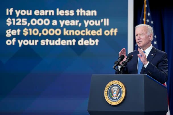 PHOTO: President Joe Biden speaks about the student debt relief portal beta test in the South Court Auditorium on the White House complex in Washington, D.C., Oct. 17, 2022. (Susan Walsh/AP)