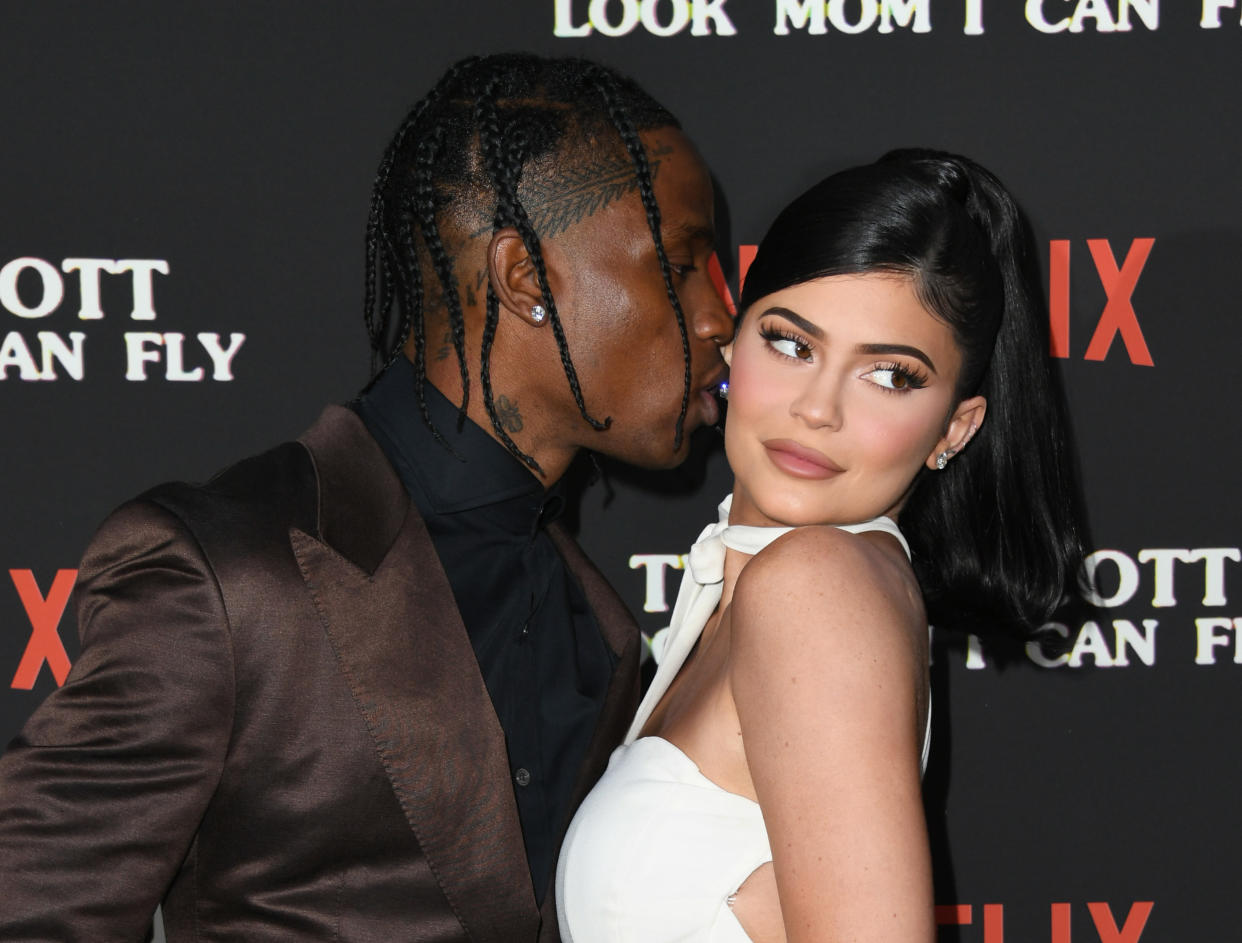 SANTA MONICA, CALIFORNIA - AUGUST 27:  Travis Scott and Kylie Jenner attend the Premiere Of Netflix's "Travis Scott: Look Mom I Can Fly" at Barker Hangar on August 27, 2019 in Santa Monica, California. (Photo by Jon Kopaloff/FilmMagic)