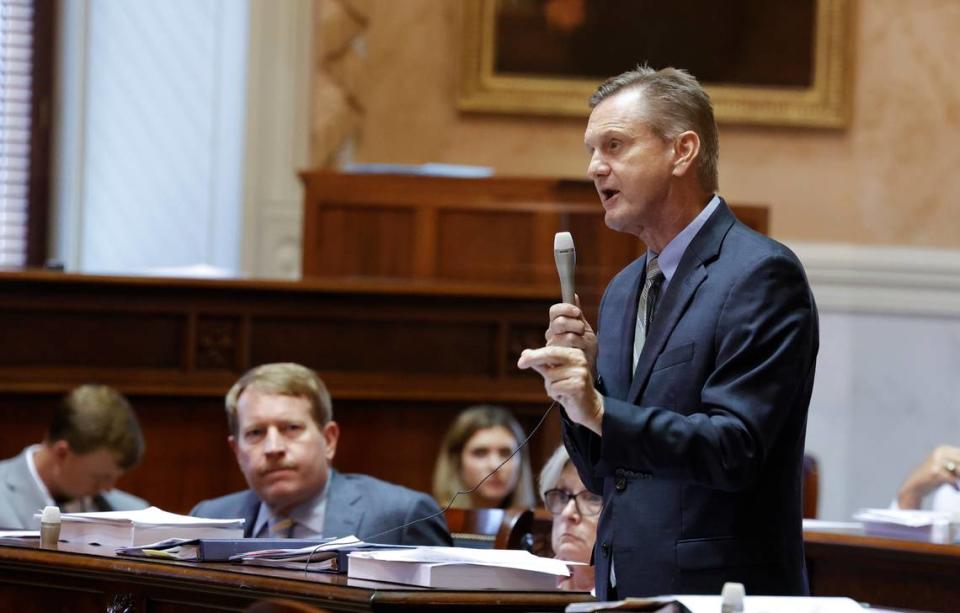 Sen. Tom Davis, R-Beaufort has a discussion with Sen. Sandy Senn, R-Charleston about the ban on abortions on Wednesday April 26, 2023 in the South Carolina State House.