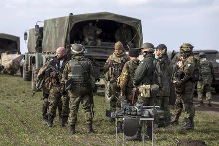 Ukraine's voluntary militia called the Azov Battalion holds artillery training in east Ukraine's village of Urzuf that sits west of the port city of Mariupol on the Azov Sea, March 19, 2015. REUTERS/Marko Djurica