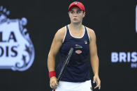 Ashleigh Barty of Australiareacts after missing a point during her match against Jennifer Brady of the United States at the Brisbane International tennis tournament in Brisbane, Australia, Thursday, Jan. 9, 2020. (AP Photo/Tertius Pickard)