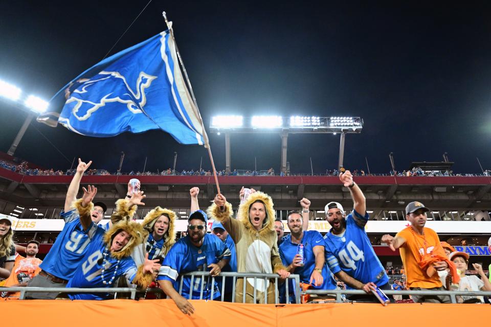 Detroit Lions fans cheer after their 20-6 win against the Tampa Bay Buccaneers at Raymond James Stadium on October 15, 2023, in Tampa, Florida.