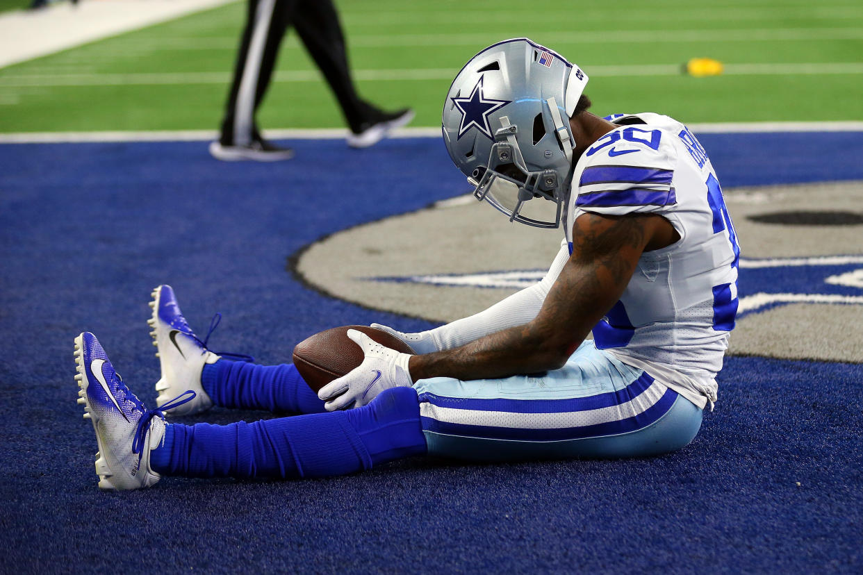 ARLINGTON, TEXAS - NOVEMBER 25: Anthony Brown #30 of the Dallas Cowboys sits in the end zone after being called for pass interference against the Las Vegas Raiders in the first quarter at AT&T Stadium on November 25, 2021 in Arlington, Texas. (Photo by Richard Rodriguez/Getty Images)