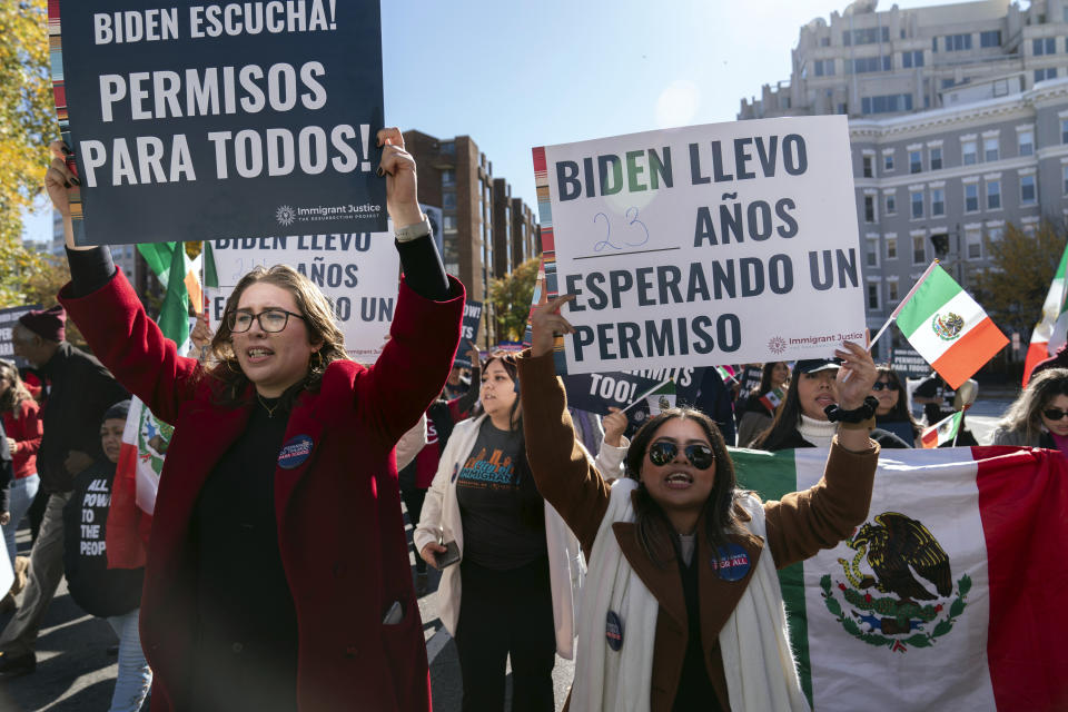 Immigrants who have been in U.S. for years, rally asking for work permits for Deferred Action for Childhood Arrivals (DACA), and Temporary Protected Status (TPS), programs at Franklin Park in Washington, Tuesday, Nov. 14, 2023. (AP Photo/Jose Luis Magana)