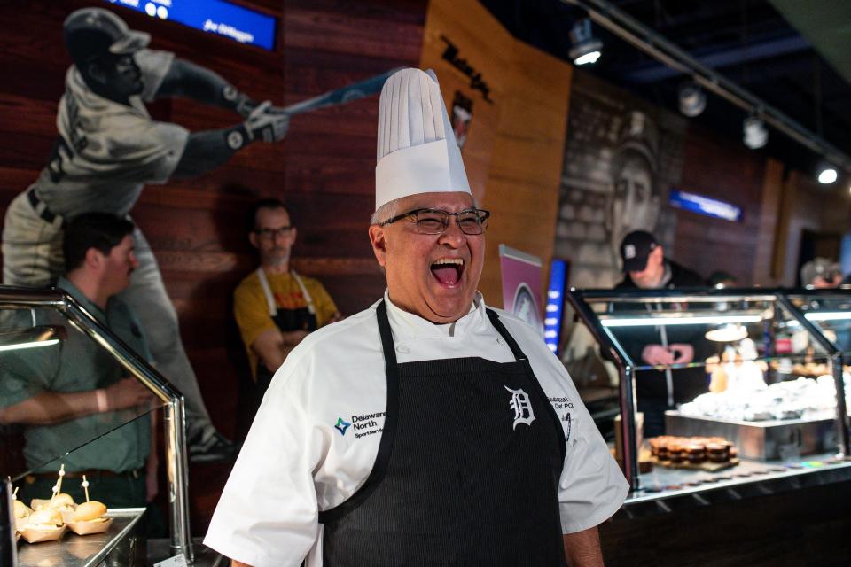 Delaware North chef Mark Szubeczak laughs during the ÒWhatÕs NewÓ media event at Motor City Casino Tiger Club of Comerica Park in Detroit on Wednesday, March 27, 2024.