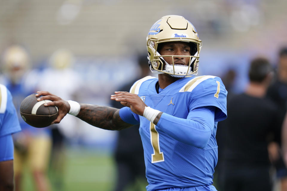 UCLA quarterback Dorian Thompson-Robinson (1) warms up before an NCAA college football game against Alabama State in Pasadena, Calif., Saturday, Sept. 10, 2022. (AP Photo/Ashley Landis)