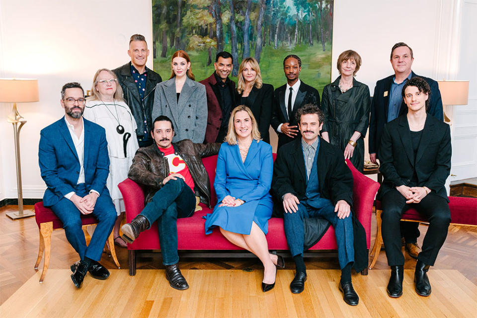 Back row, left to right Mayor Jyoti Gondek, Shamier Anderson, Valerie Creighton, Adam Haisinger, Sophie Nélisse, Zaib Shaikh, Kirstine Stewart, Lamar Johnson, Tantoo Cardinal, Susan Coyne, Paul Healy and Front row, left to right Neil Druckmann, Gabriel Luna, Ambassador Kirsten Hillman, Devery Jacobs, Luke Kirby, Adam DiMarco, and Minister Tanya Fir